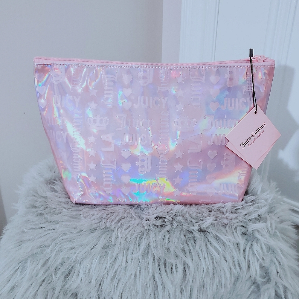 JUICY COUTURE Pink Iridescent Holographic Travel Cosmetic Bag- NEW